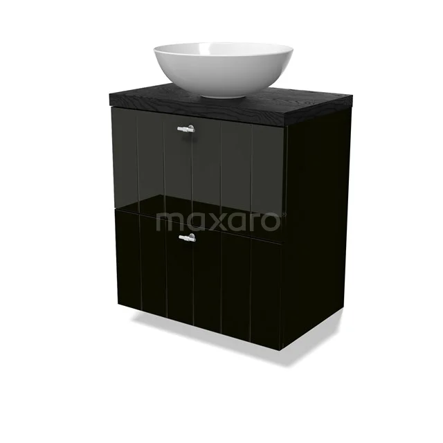 Modulo Plato Slim Badmöbel mit Aufsatzwaschbecken | 60 cm Hochglanz Schwarz Lamelle front Schwarze Eiche blatt 2 übereinanderliegende Schubladen BMK37-02867