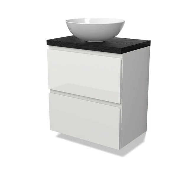 Modulo Plato Slim Vanity units for countertop basin | 60 cm High-gloss white Handle-less front Black oak worktop 2 Stacked drawers BMK37-02870