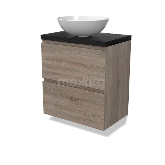 Modulo Plato Slim Badmöbel mit Aufsatzwaschbecken | 60 cm Eiche Grifflos front Schwarze Eiche blatt 2 übereinanderliegende Schubladen BMK37-02874