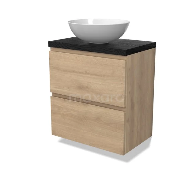 Modulo Plato Slim Vanity units for countertop basin | 60 cm Light brown oak Handle-less front Black oak worktop 2 Stacked drawers BMK37-02876