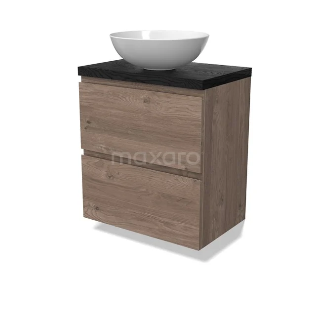 Modulo Plato Slim Vanity units for countertop basin | 60 cm Mid brown oak Handle-less front Black oak worktop 2 Stacked drawers BMK37-02877