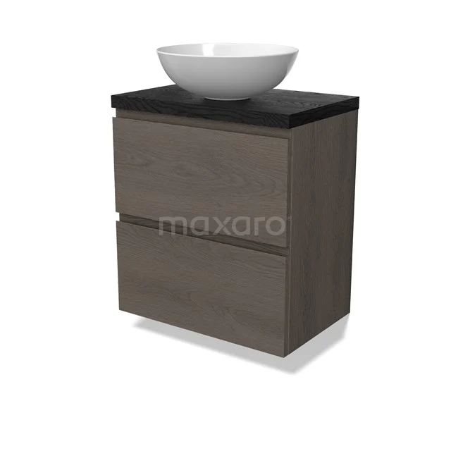 Modulo Plato Slim Badmöbel mit Aufsatzwaschbecken | 60 cm Dunkelbraune Eiche Grifflos front Schwarze Eiche blatt 2 übereinanderliegende Schubladen BMK37-02878