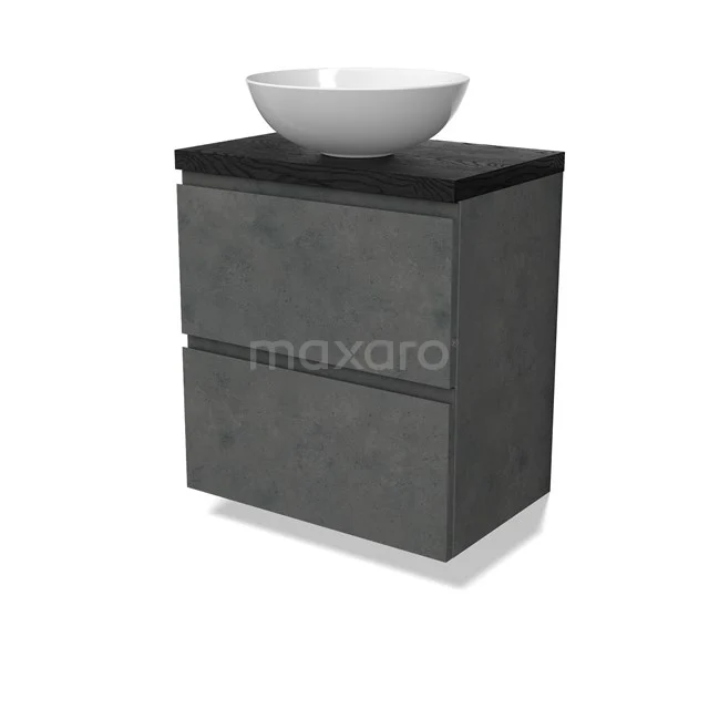 Modulo Plato Slim Vanity units for countertop basin | 60 cm Dark grey concrete Handle-less front Black oak worktop 2 Stacked drawers BMK37-02880