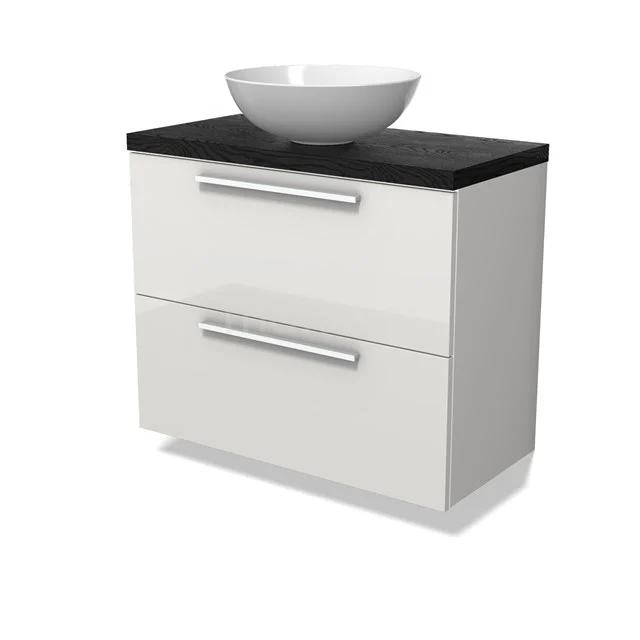 Modulo Plato Slim Badmöbel mit Aufsatzwaschbecken | 80 cm Hochglanz Weiß Flach front Schwarze Eiche blatt 2 übereinanderliegende Schubladen BMK37-02883