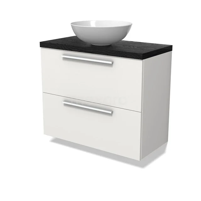 Modulo Plato Slim Badmöbel mit Aufsatzwaschbecken | 80 cm Matt Weiß Flach front Schwarze Eiche blatt 2 übereinanderliegende Schubladen BMK37-02884