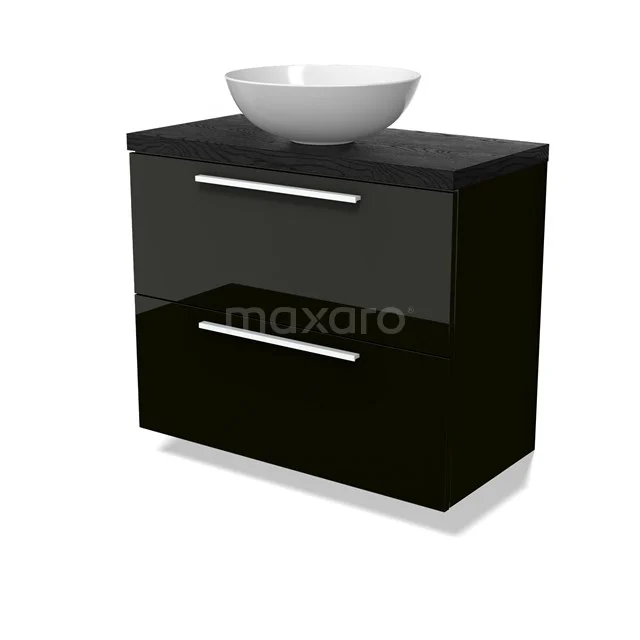 Modulo Plato Slim Vanity units for countertop basin | 80 cm High-gloss black Flat front Black oak worktop 2 Stacked drawers BMK37-02886