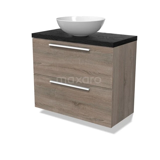 Modulo Plato Slim Badmöbel mit Aufsatzwaschbecken | 80 cm Eiche Flach front Schwarze Eiche blatt 2 übereinanderliegende Schubladen BMK37-02887