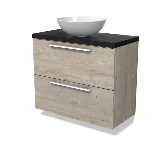 Modulo Plato Slim Vanity units for countertop basin | 80 cm Light grey oak Flat front Black oak worktop 2 Stacked drawers BMK37-02888