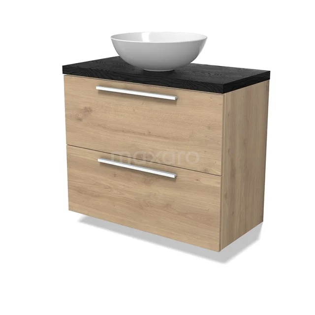 Modulo Plato Slim Vanity units for countertop basin | 80 cm Light brown oak Flat front Black oak worktop 2 Stacked drawers BMK37-02889