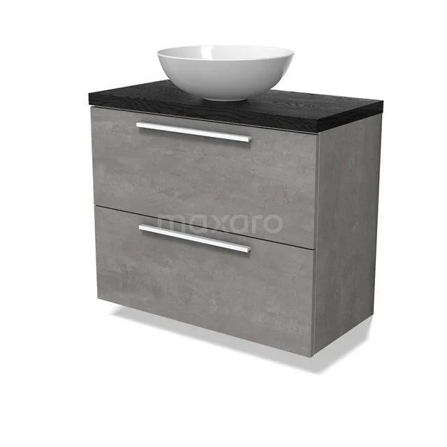 Modulo Plato Slim Vanity units for countertop basin | 80 cm Light grey concrete Flat front Black oak worktop 2 Stacked drawers BMK37-02892