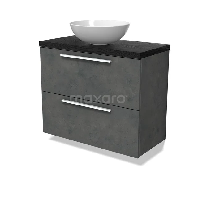 Modulo Plato Slim Vanity units for countertop basin | 80 cm Dark grey concrete Flat front Black oak worktop 2 Stacked drawers BMK37-02893