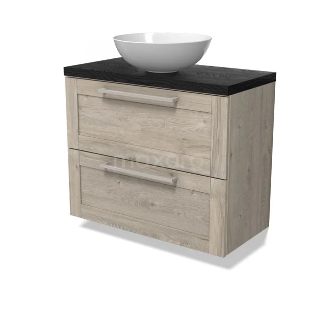 Modulo Plato Slim Vanity units for countertop basin | 80 cm Light grey oak Frame front Black oak worktop 2 Stacked drawers BMK37-02895