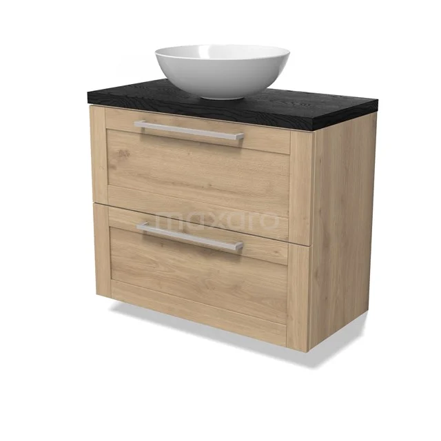 Modulo Plato Slim Vanity units for countertop basin | 80 cm Light brown oak Bordered front Black oak worktop 2 Stacked drawers BMK37-02896