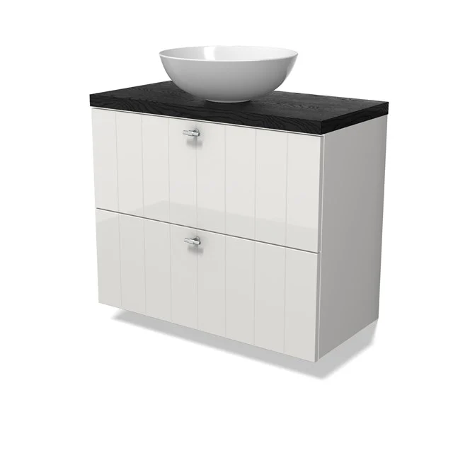 Modulo Plato Slim Vanity units for countertop basin | 80 cm High-gloss white Slat front Black oak worktop 2 Stacked drawers BMK37-02902