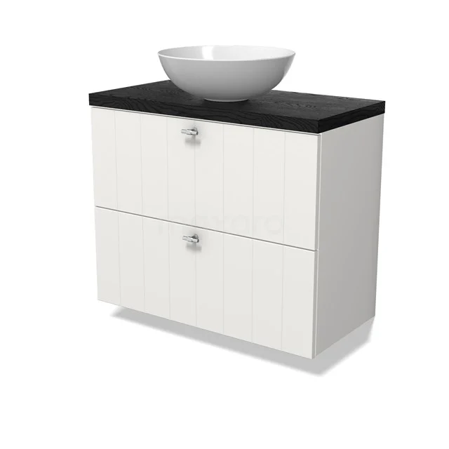 Modulo Plato Slim Badmöbel mit Aufsatzwaschbecken | 80 cm Matt Weiß Lamelle front Schwarze Eiche blatt 2 übereinanderliegende Schubladen BMK37-02903