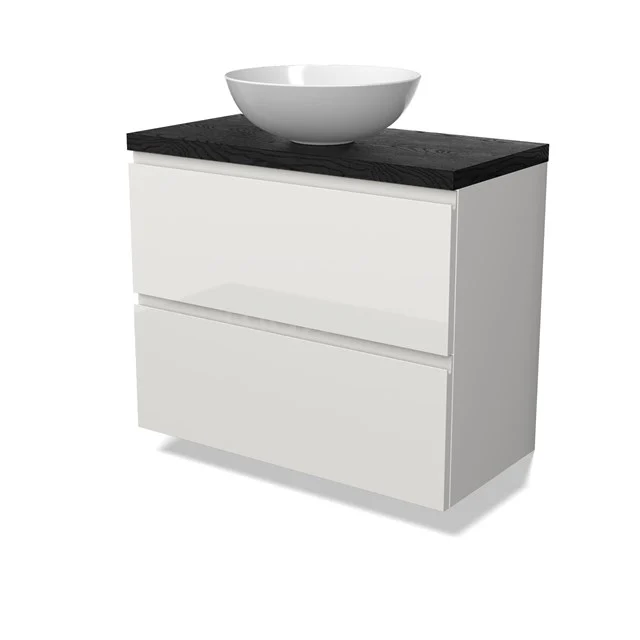 Modulo Plato Slim Vanity units for countertop basin | 80 cm High-gloss white Handle-less front Black oak worktop 2 Stacked drawers BMK37-02908