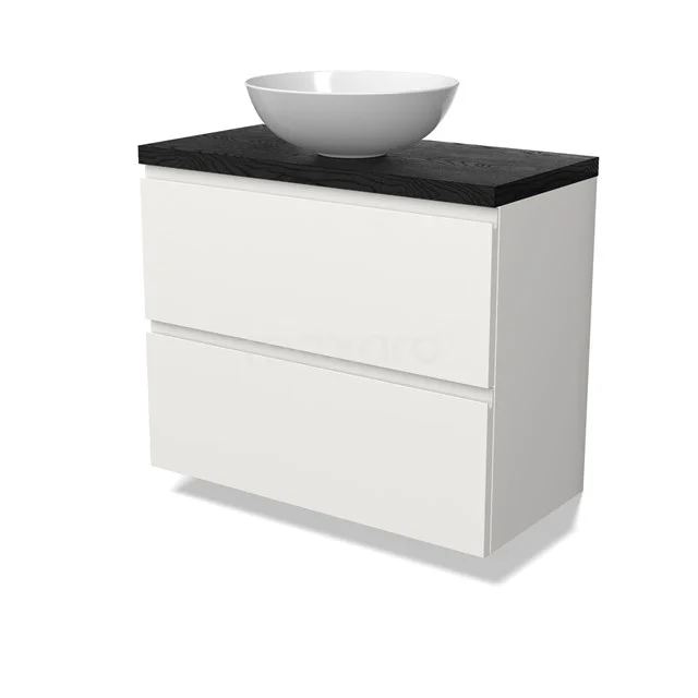 Modulo Plato Slim Vanity units for countertop basin | 80 cm Matte white Handle-less front Black oak worktop 2 Stacked drawers BMK37-02909