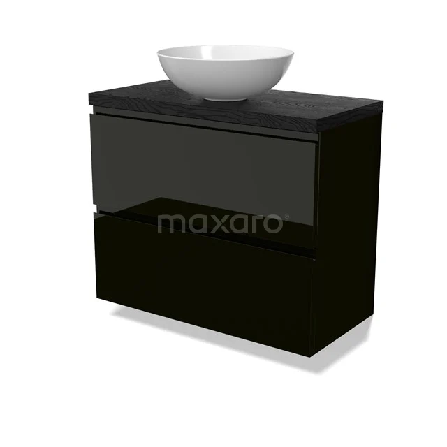 Modulo Plato Slim Vanity units for countertop basin | 80 cm High-gloss black Handle-less front Black oak worktop 2 Stacked drawers BMK37-02911
