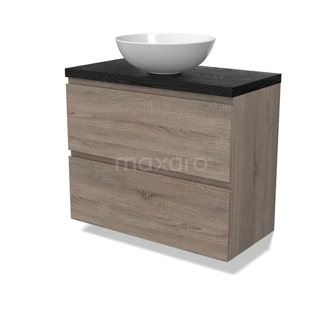 Modulo Plato Slim Badmöbel mit Aufsatzwaschbecken | 80 cm Eiche Grifflos front Schwarze Eiche blatt 2 übereinanderliegende Schubladen BMK37-02912