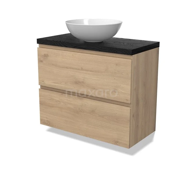Modulo Plato Slim Vanity units for countertop basin | 80 cm Light brown oak Handle-less front Black oak worktop 2 Stacked drawers BMK37-02914
