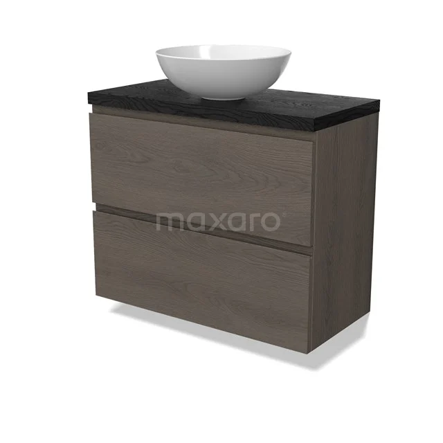 Modulo Plato Slim Vanity units for countertop basin | 80 cm Dark brown oak Handle-less front Black oak worktop 2 Stacked drawers BMK37-02916