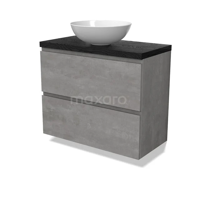 Modulo Plato Slim Vanity units for countertop basin | 80 cm Light grey concrete Handle-less front Black oak worktop 2 Stacked drawers BMK37-02917
