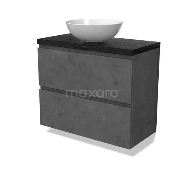 Modulo Plato Slim Vanity units for countertop basin | 80 cm Dark grey concrete Handle-less front Black oak worktop 2 Stacked drawers BMK37-02918