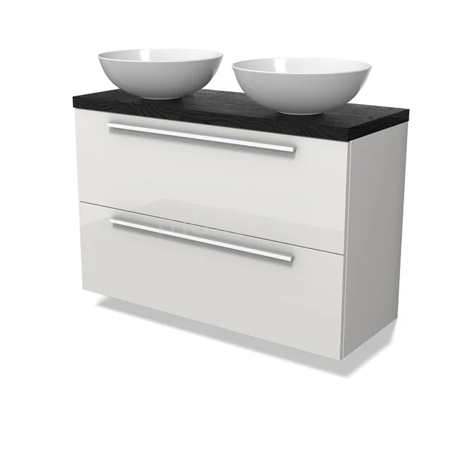 Modulo Plato Slim Vanity units for countertop basin | 100 cm High-gloss white Flat front Black oak worktop 2 Stacked drawers BMK37-02921