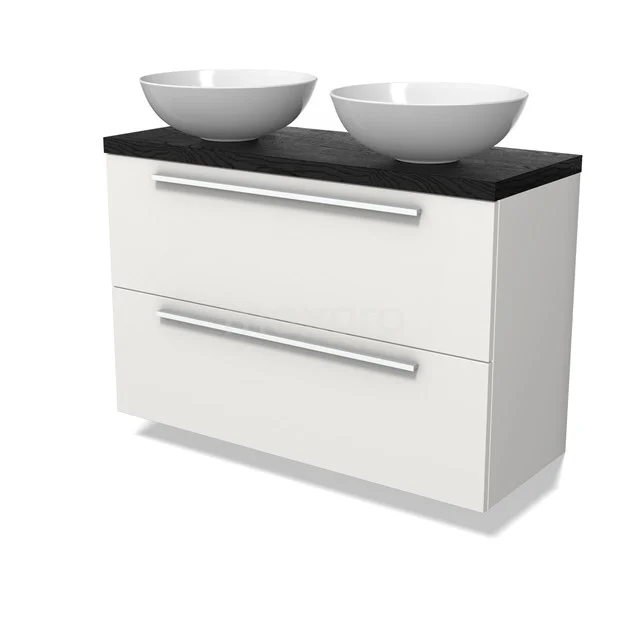 Modulo Plato Slim Vanity units for countertop basin | 100 cm Matte white Flat front Black oak worktop 2 Stacked drawers BMK37-02922
