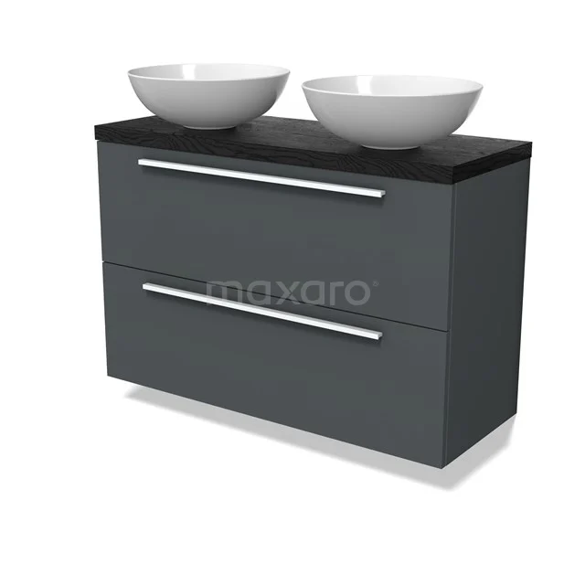 Modulo Plato Slim Badmöbel mit Aufsatzwaschbecken | 100 cm Dunkelgrau Flach front Schwarze Eiche blatt 2 übereinanderliegende Schubladen BMK37-02923