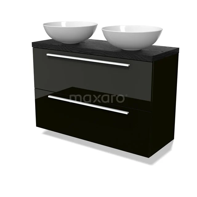 Modulo Plato Slim Badmöbel mit Aufsatzwaschbecken | 100 cm Hochglanz Schwarz Flach front Schwarze Eiche blatt 2 übereinanderliegende Schubladen BMK37-02924