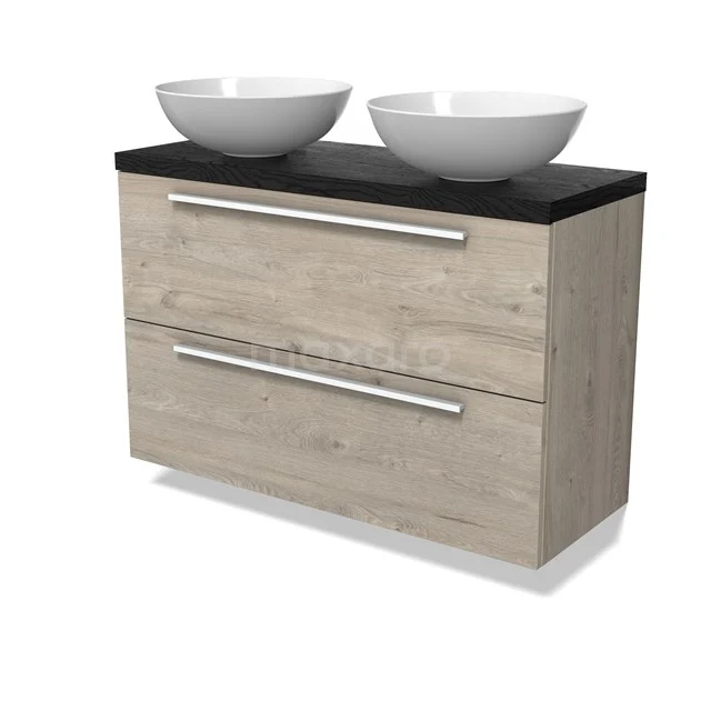 Modulo Plato Slim Badmöbel mit Aufsatzwaschbecken | 100 cm Hellgraue Eiche Flach front Schwarze Eiche blatt 2 übereinanderliegende Schubladen BMK37-02926 Modulo Plato Slim Badmöbel mit Aufsatzwaschbecken | 100 cm Hellgraue Eiche Flach front Schwarze Eiche blatt 2 übereinanderliegende Schubladen BMK37-02926