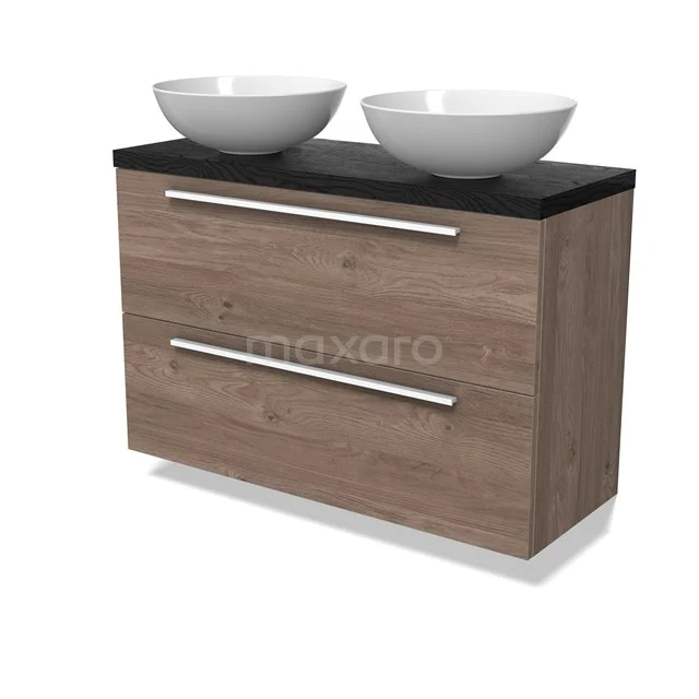 Modulo Plato Slim Badmöbel mit Aufsatzwaschbecken | 100 cm Mittelbraune Eiche Flach front Schwarze Eiche blatt 2 übereinanderliegende Schubladen BMK37-02928