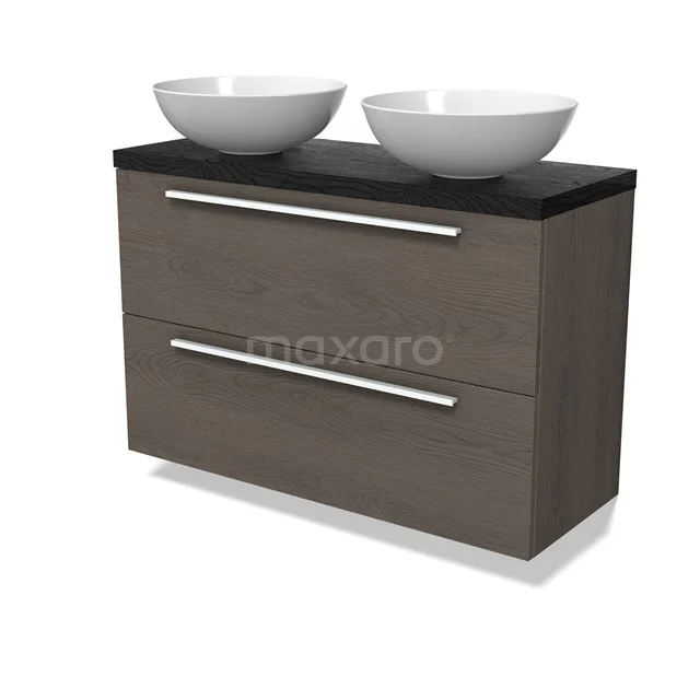 Modulo Plato Slim Badmöbel mit Aufsatzwaschbecken | 100 cm Dunkelbraune Eiche Flach front Schwarze Eiche blatt 2 übereinanderliegende Schubladen BMK37-02929