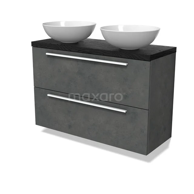 Modulo Plato Slim Badmöbel mit Aufsatzwaschbecken | 100 cm Dunkelgrauer Beton Flach front Schwarze Eiche blatt 2 übereinanderliegende Schubladen BMK37-02931