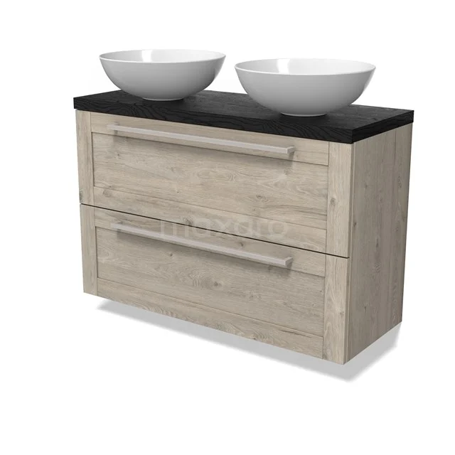 Modulo Plato Slim Badmöbel mit Aufsatzwaschbecken | 100 cm Hellgraue Eiche Rahmen front Schwarze Eiche blatt 2 übereinanderliegende Schubladen BMK37-02933