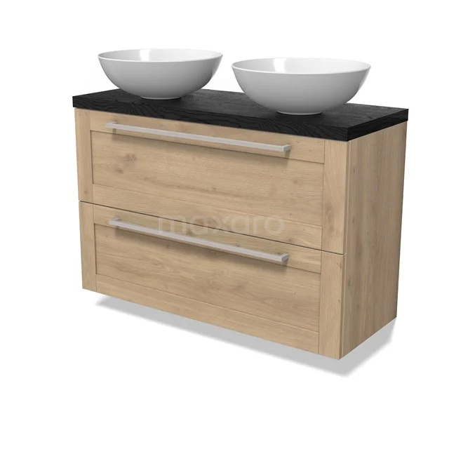 Modulo Plato Slim Badmöbel mit Aufsatzwaschbecken | 100 cm Hellbraune Eiche Rahmen front Schwarze Eiche blatt 2 übereinanderliegende Schubladen BMK37-02934