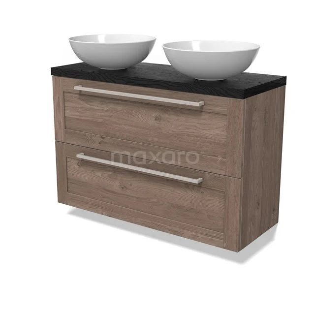 Modulo Plato Slim Badmöbel mit Aufsatzwaschbecken | 100 cm Mittelbraune Eiche Rahmen front Schwarze Eiche blatt 2 übereinanderliegende Schubladen BMK37-02935