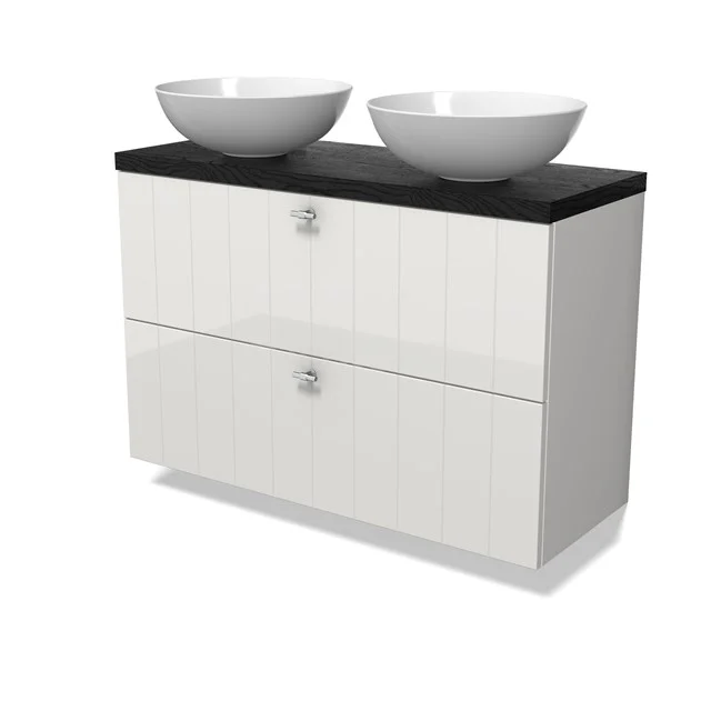 Modulo Plato Slim Vanity units for countertop basin | 100 cm High-gloss white Slat front Black oak worktop 2 Stacked drawers BMK37-02940
