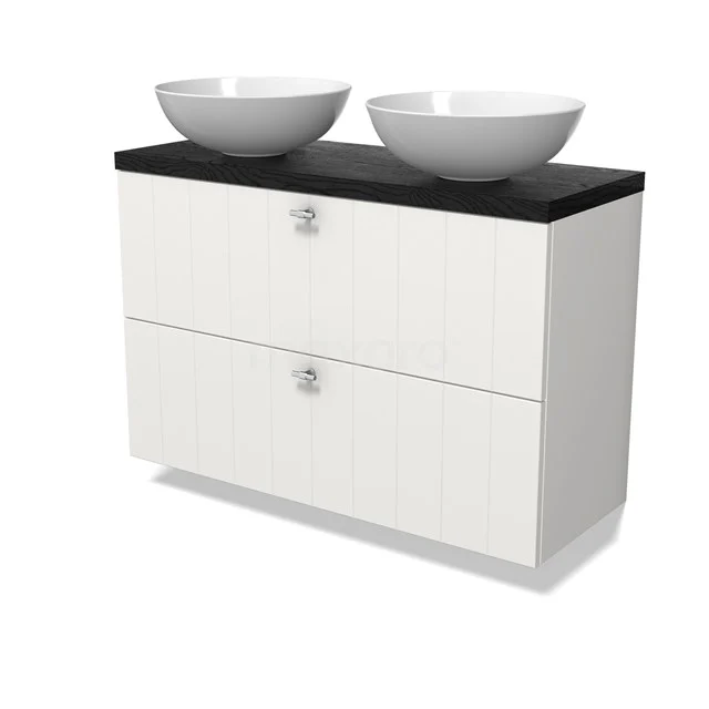 Modulo Plato Slim Badmöbel mit Aufsatzwaschbecken | 100 cm Matt Weiß Lamelle front Schwarze Eiche blatt 2 übereinanderliegende Schubladen BMK37-02941