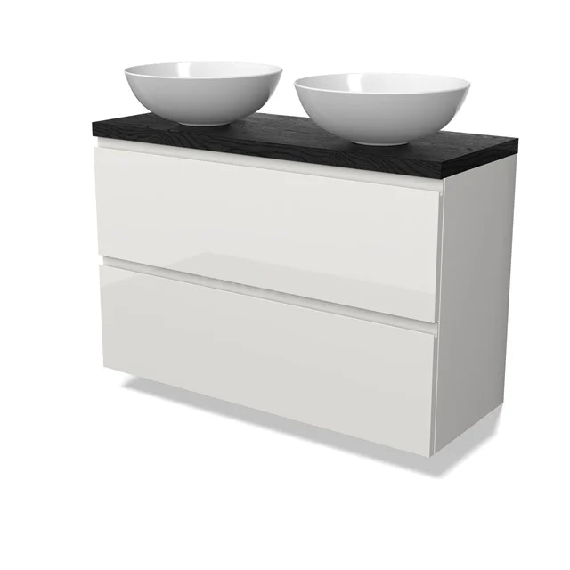 Modulo Plato Slim Badmöbel mit Aufsatzwaschbecken | 100 cm Hochglanz Weiß Grifflos front Schwarze Eiche blatt 2 übereinanderliegende Schubladen BMK37-02946