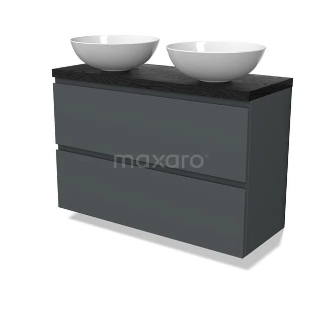 Modulo Plato Slim Badmöbel mit Aufsatzwaschbecken | 100 cm Dunkelgrau Grifflos front Schwarze Eiche blatt 2 übereinanderliegende Schubladen BMK37-02948