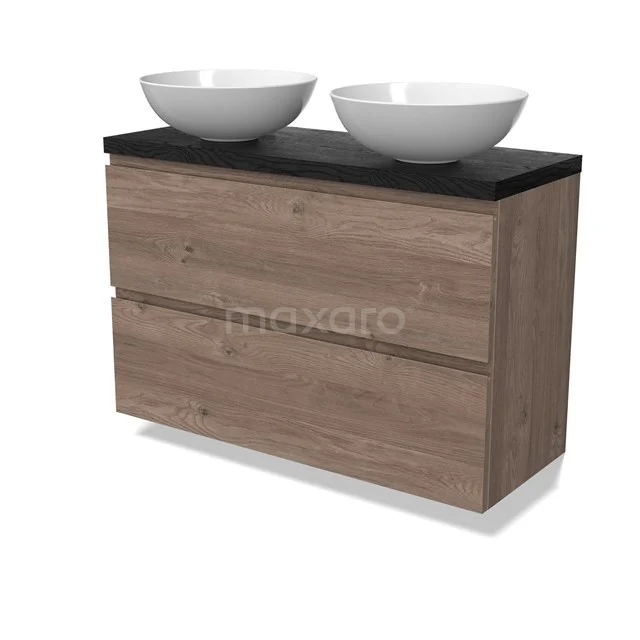 Modulo Plato Slim Vanity units for countertop basin | 100 cm Mid brown oak Handle-less front Black oak worktop 2 Stacked drawers BMK37-02953