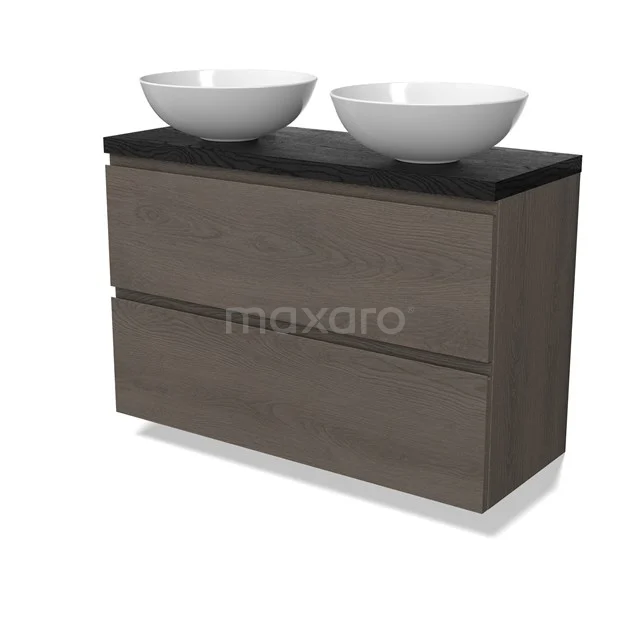 Modulo Plato Slim Badmöbel mit Aufsatzwaschbecken | 100 cm Dunkelbraune Eiche Grifflos front Schwarze Eiche blatt 2 übereinanderliegende Schubladen BMK37-02954