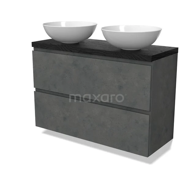 Modulo Plato Slim Badmöbel mit Aufsatzwaschbecken | 100 cm Dunkelgrauer Beton Grifflos front Schwarze Eiche blatt 2 übereinanderliegende Schubladen BMK37-02956