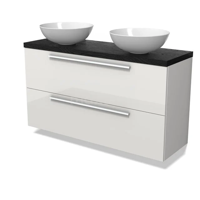 Modulo Plato Slim Badmöbel mit Aufsatzwaschbecken | 120 cm Hochglanz Weiß Flach front Schwarze Eiche blatt 2 übereinanderliegende Schubladen BMK37-02959