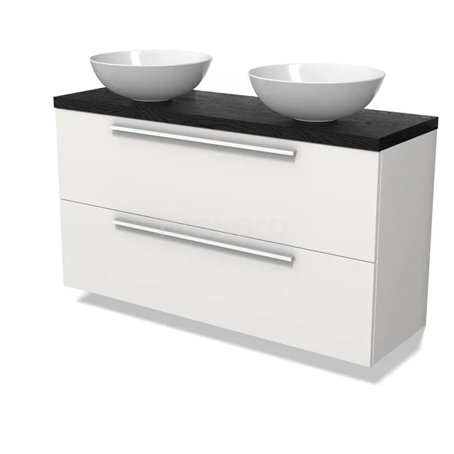 Modulo Plato Slim Vanity units for countertop basin | 120 cm Matte white Flat front Black oak worktop 2 Stacked drawers BMK37-02960