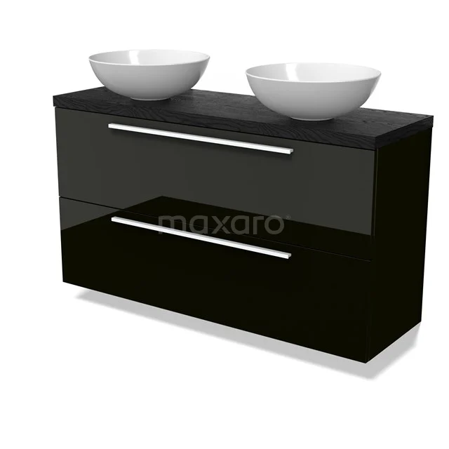 Modulo Plato Slim Badmöbel mit Aufsatzwaschbecken | 120 cm Hochglanz Schwarz Flach front Schwarze Eiche blatt 2 übereinanderliegende Schubladen BMK37-02962