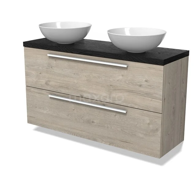Modulo Plato Slim Vanity units for countertop basin | 120 cm Light grey oak Flat front Black oak worktop 2 Stacked drawers BMK37-02964