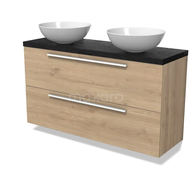 Modulo Plato Slim Vanity units for countertop basin | 120 cm Light brown oak Flat front Black oak worktop 2 Stacked drawers BMK37-02965